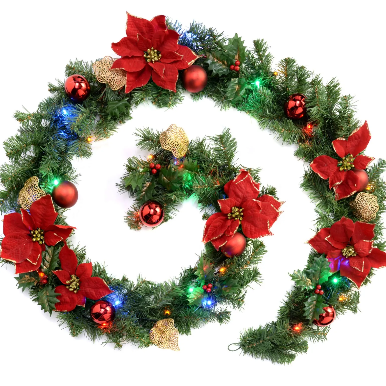 Pre-Lit Multi-Coloured Decorated Garland, Red/Gold, 9 Ft