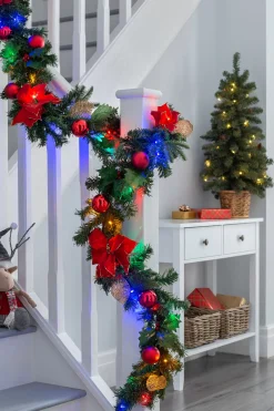 Pre-Lit Multi-Coloured Decorated Garland, Red/Gold, 9 Ft