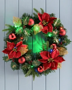 Pre-Lit Multi-Coloured Decorated Wreath, Red/Gold, 60 Cm