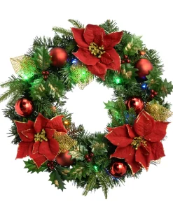 Pre-Lit Multi-Coloured Decorated Wreath, Red/Gold, 60 Cm