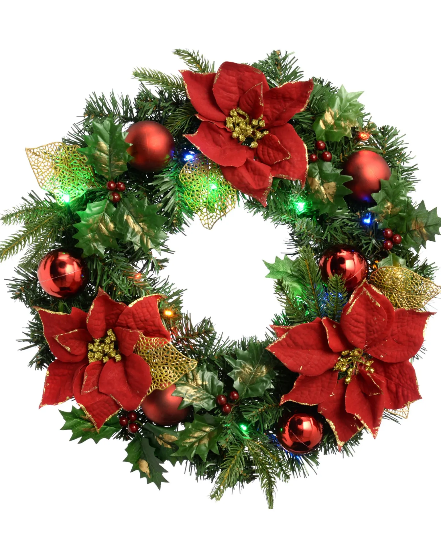 Pre-Lit Multi-Coloured Decorated Wreath, Red/Gold, 60 Cm