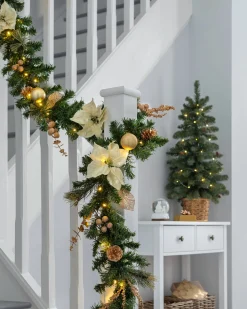 Pre-Lit Multi-Function Decorated Garland, Cream/Gold, 9 Ft