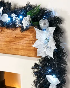 Pre-Lit Multi-Function Decorated Garland, Black/Silver, 9 Ft