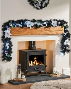 Pre-Lit Multi-Function Decorated Garland, Black/Silver, 9 Ft