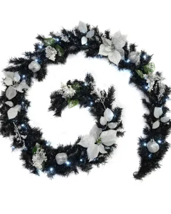 Pre-Lit Multi-Function Decorated Garland, Black/Silver, 9 Ft