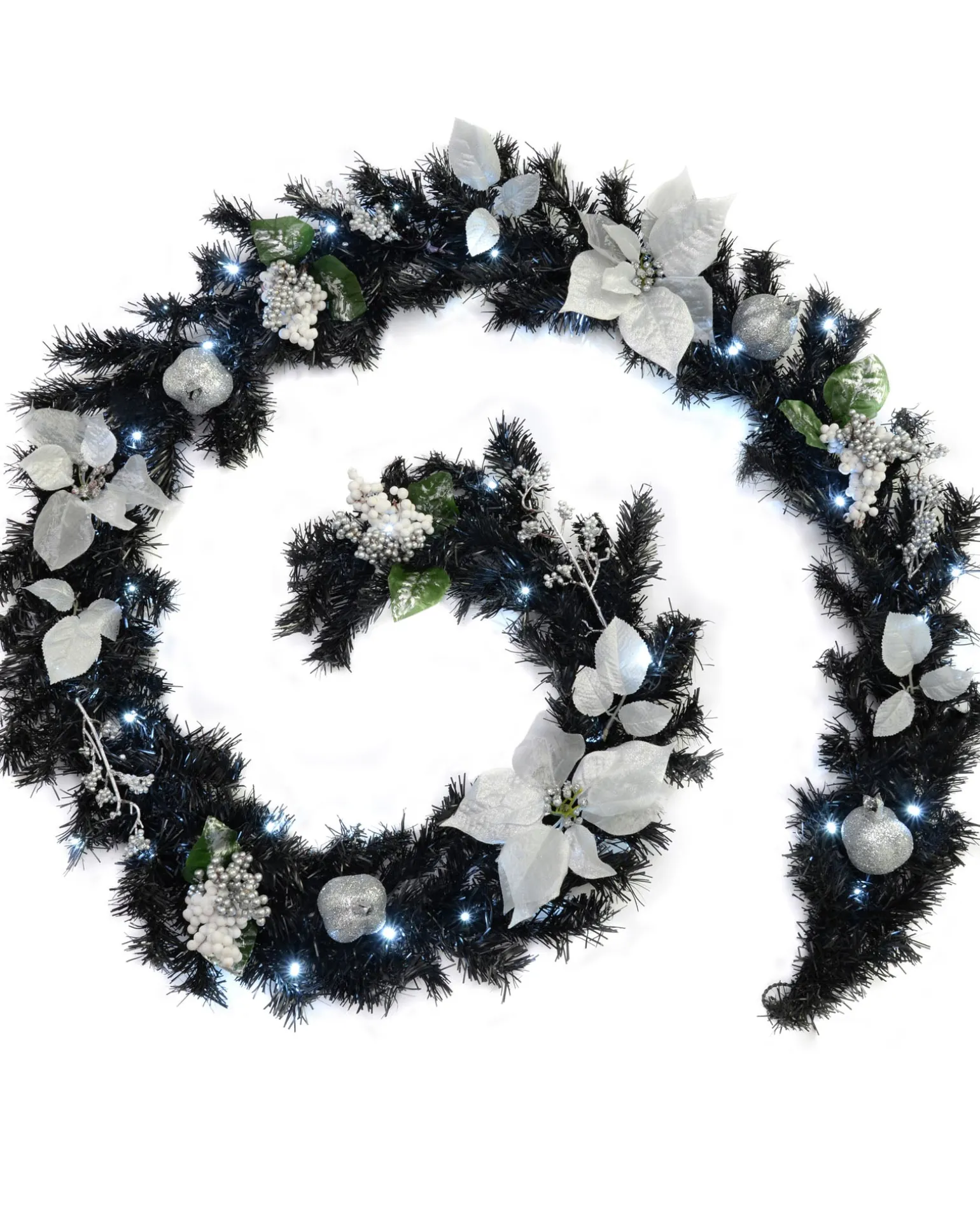 Pre-Lit Multi-Function Decorated Garland, Black/Silver, 9 Ft