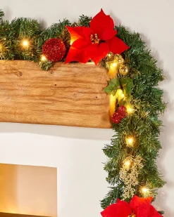 Pre-Lit Multi-Function Decorated Garland, Red/Gold, 9 Ft
