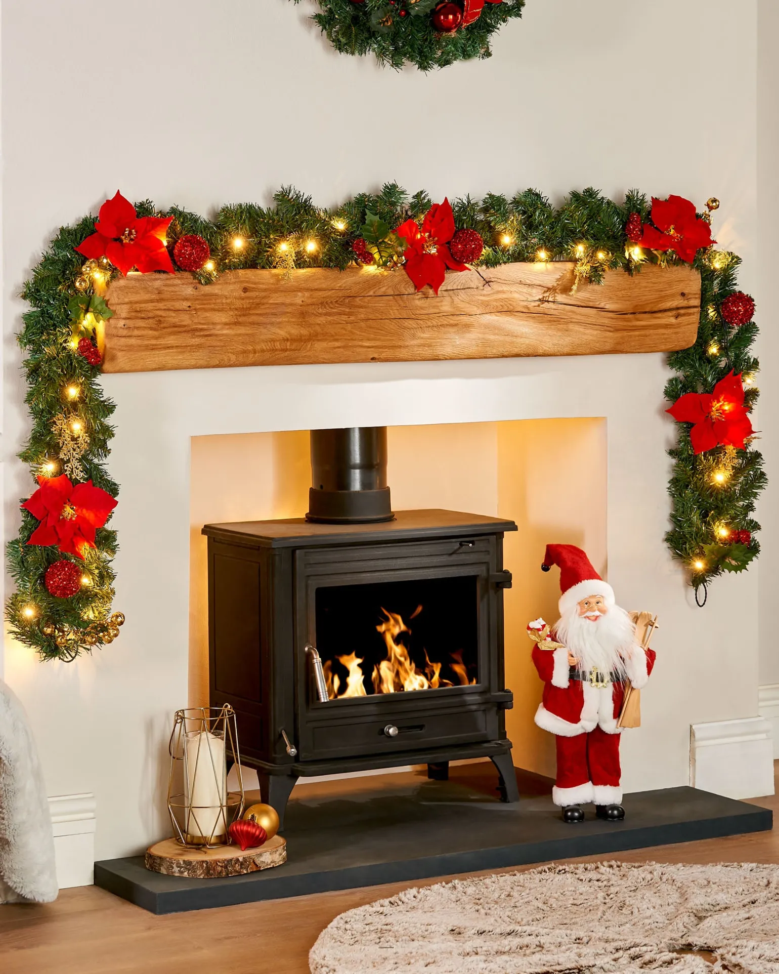 Pre-Lit Multi-Function Decorated Garland, Red/Gold, 9 Ft