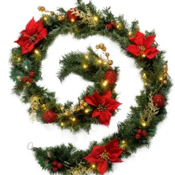 Pre-Lit Multi-Function Decorated Garland, Red/Gold, 9 Ft