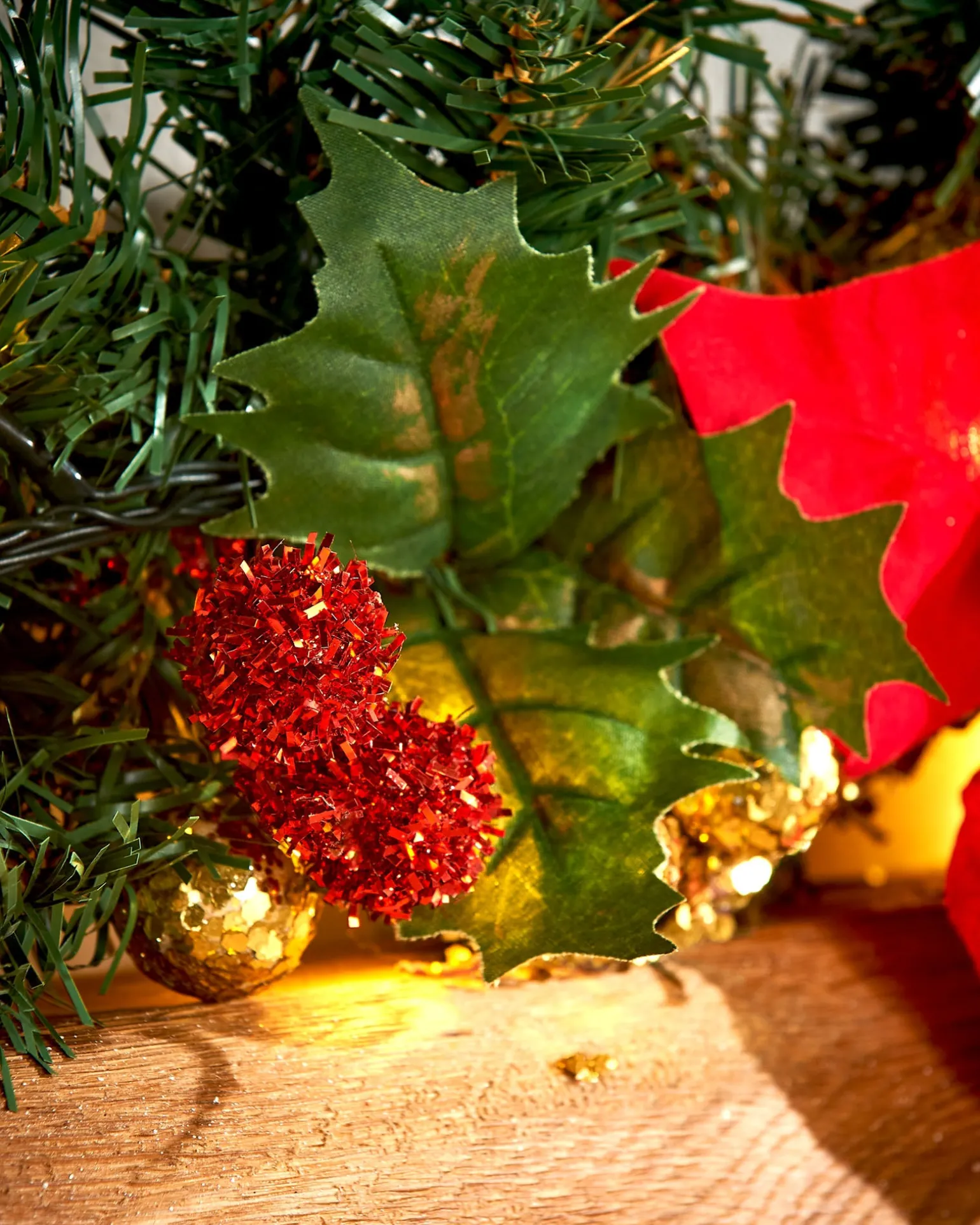 Pre-Lit Multi-Function Decorated Garland, Red/Gold, 9 Ft