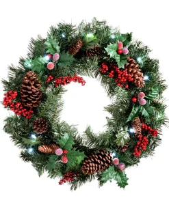 Pre-Lit Natural Decorated Wreath, Pinecones & Berries, 60 Cm