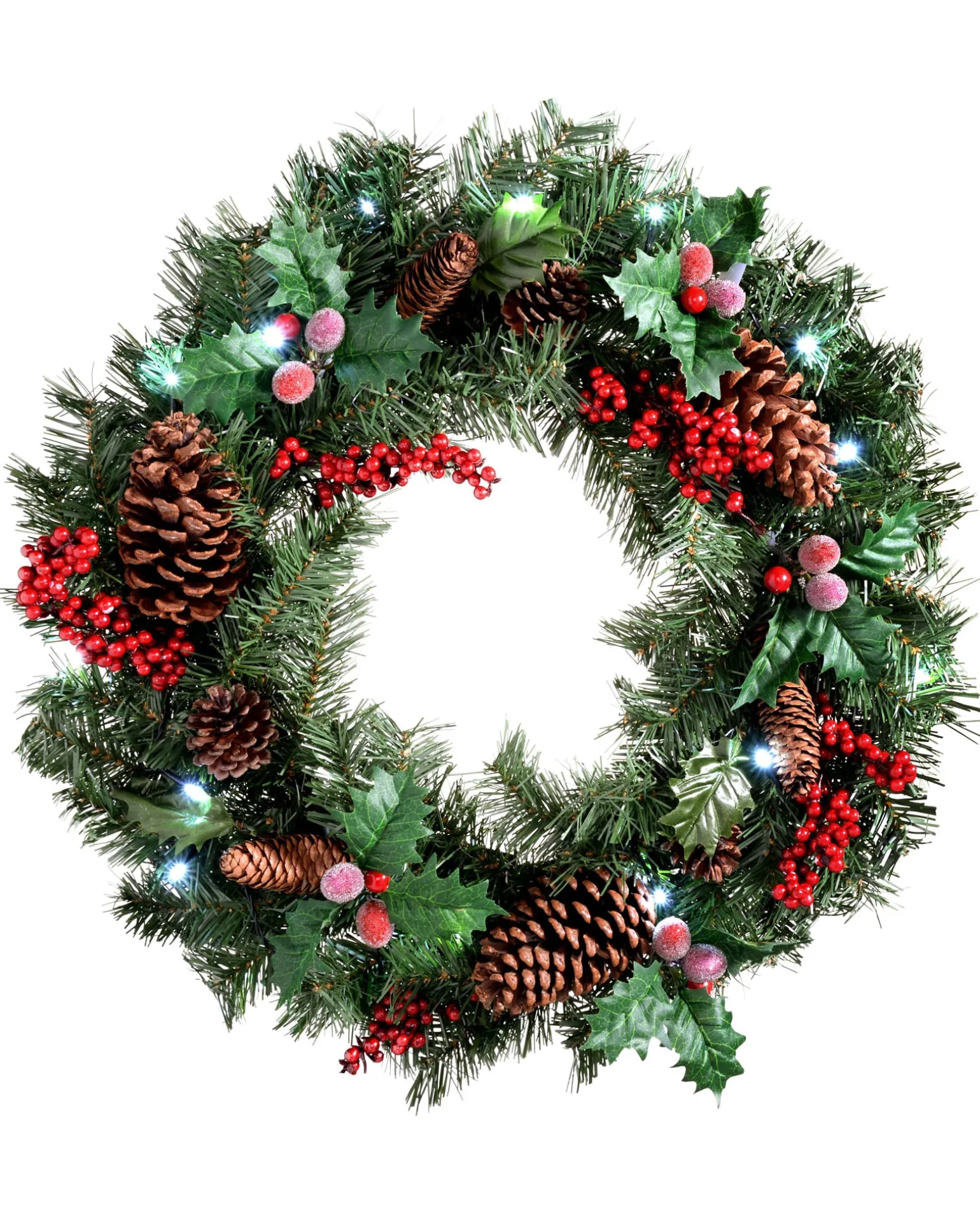 Pre-Lit Natural Decorated Wreath, Pinecones & Berries, 60 Cm