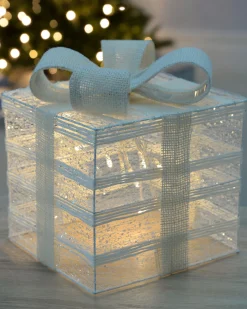 Pre-Lit Paper String And Gauze Gift Box, 20 Cm