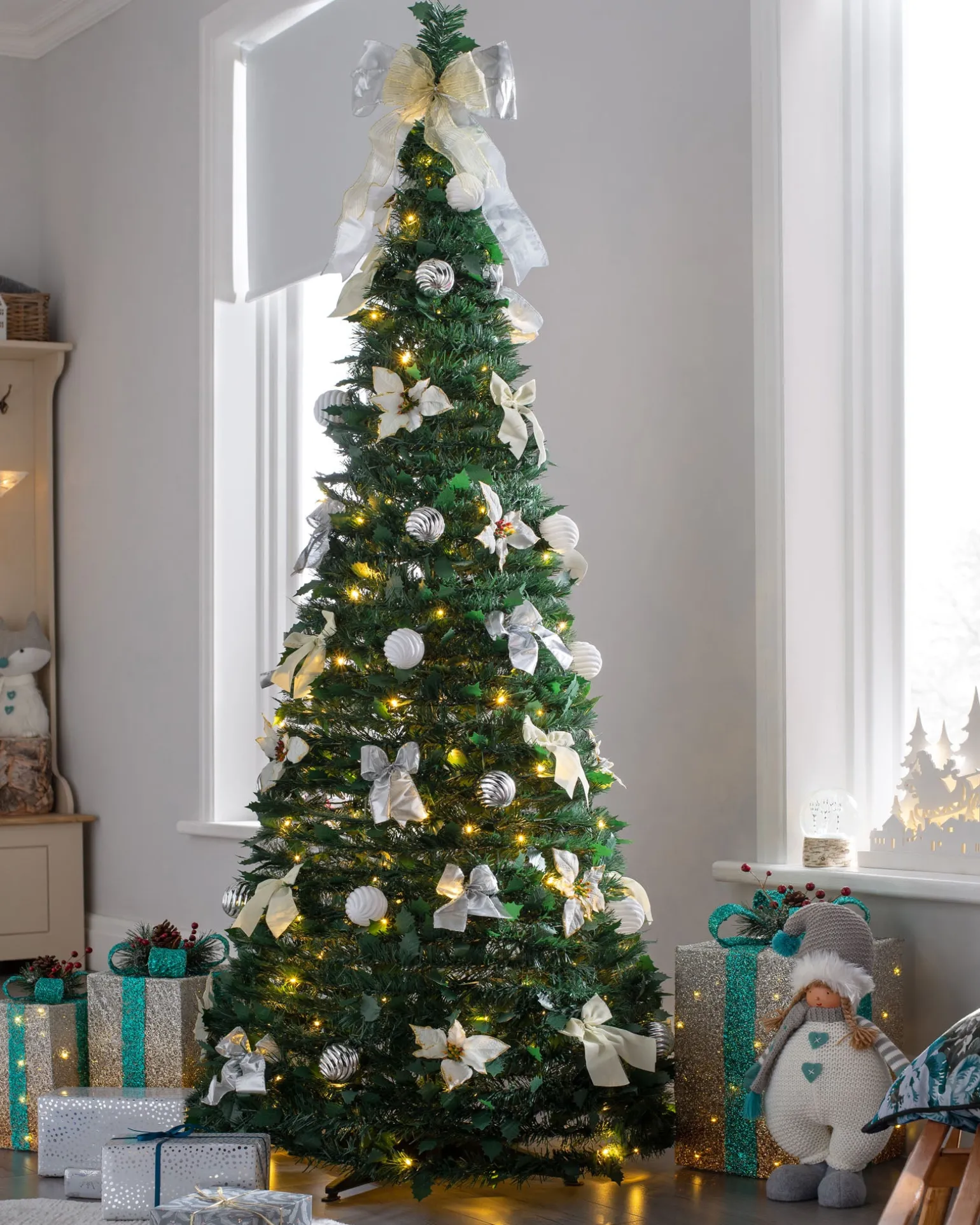 Pre-Lit Pop-Up Decorated Christmas Tree, White, 6 Ft