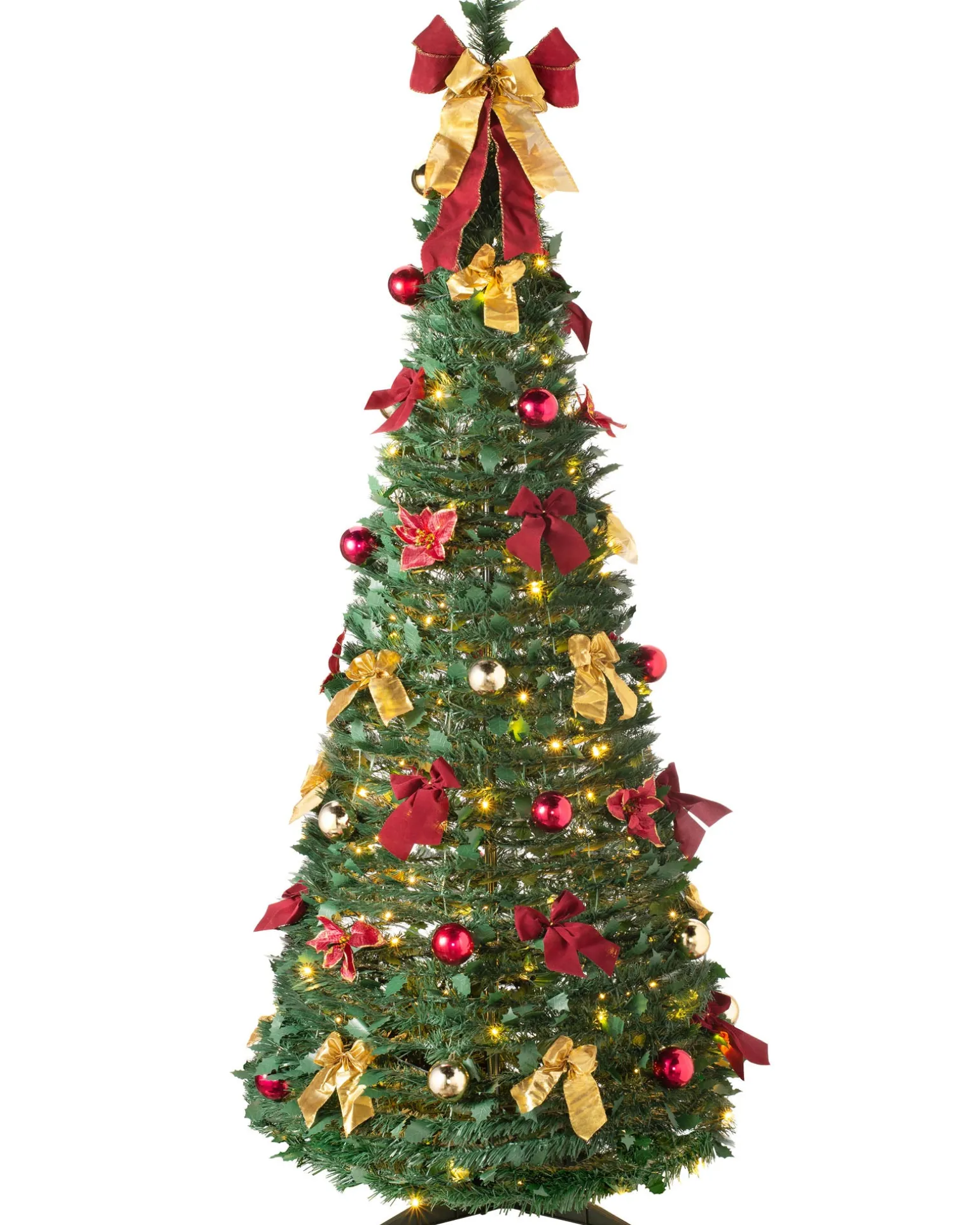 Pre-Lit Pop-Up Decorated Christmas Tree, Red/Gold, 6 Ft