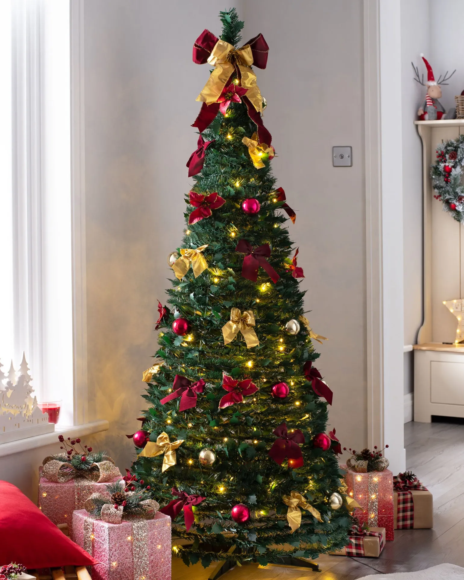 Pre-Lit Pop-Up Decorated Christmas Tree, Red/Gold, 6 Ft