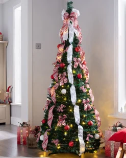 Pre-Lit Pop-Up Decorated Christmas Tree, Red/White, 6 Ft