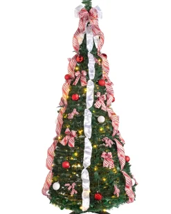 Pre-Lit Pop-Up Decorated Christmas Tree, Red/White, 6 Ft
