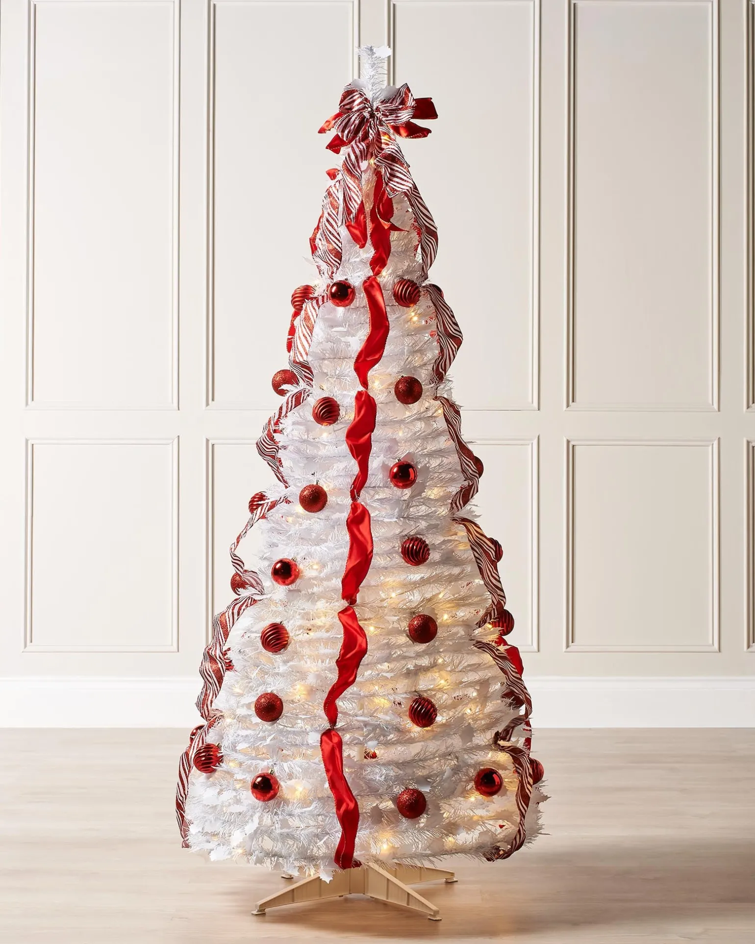 Pre-Lit Pop-Up Decorated Christmas Tree, Red/White, 6 Ft