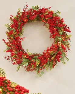 Pre-Lit Red Berry Wreath, 76 Cm
