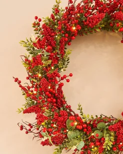 Pre-Lit Red Berry Wreath, 76 Cm