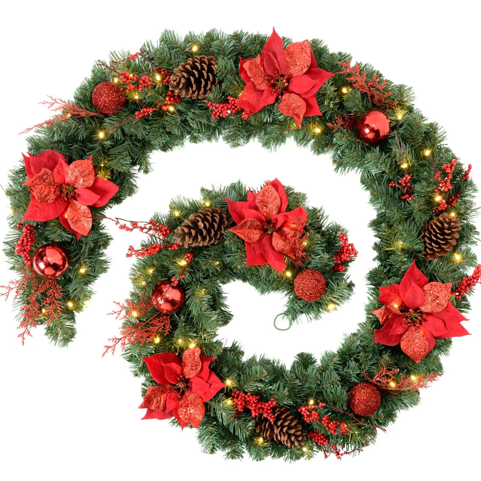 Pre-Lit Red Decorated Extra Thick Garland, 9 Ft