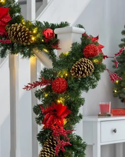Pre-Lit Red Decorated Extra Thick Garland, 9 Ft