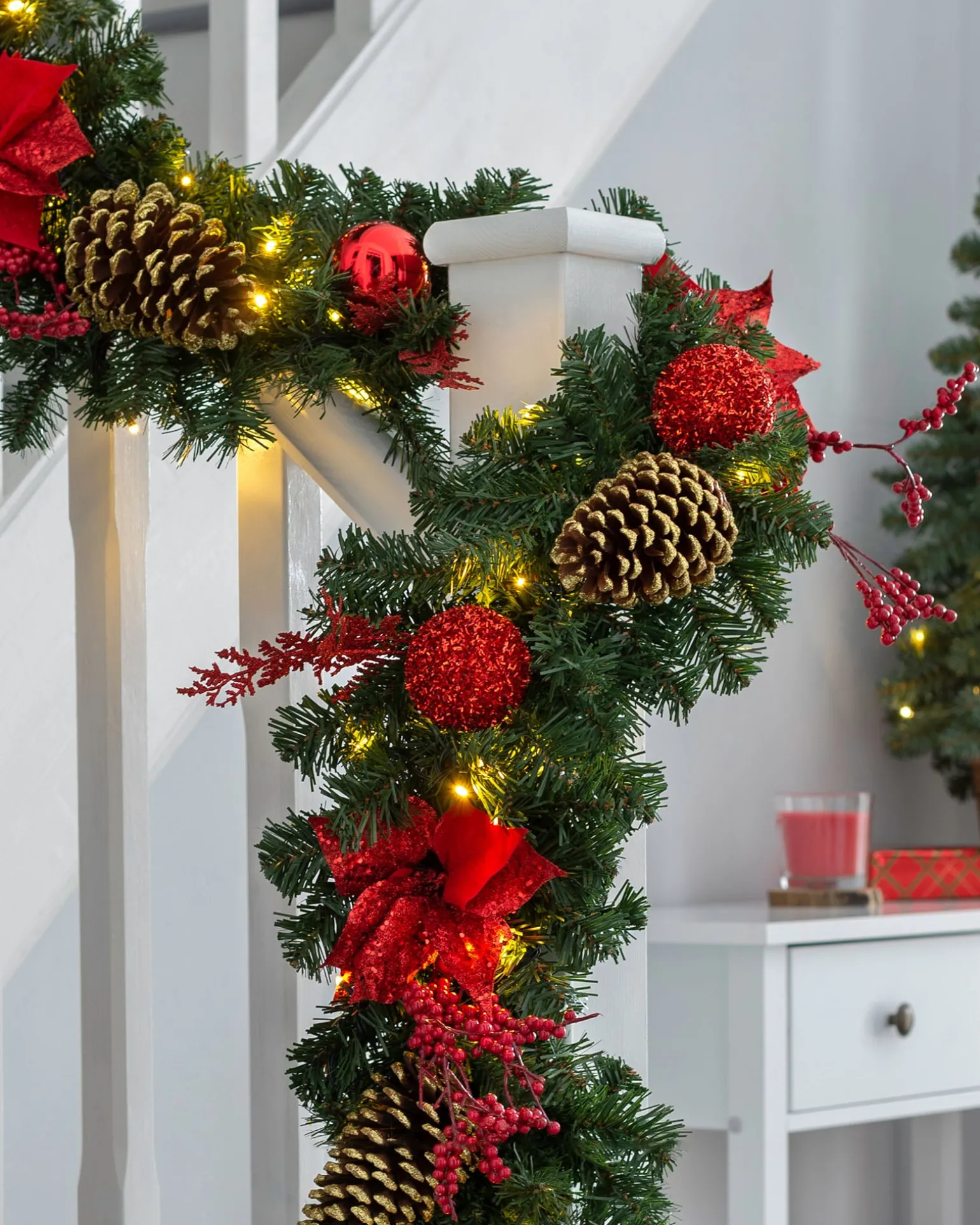 Pre-Lit Red Decorated Extra Thick Garland, 9 Ft