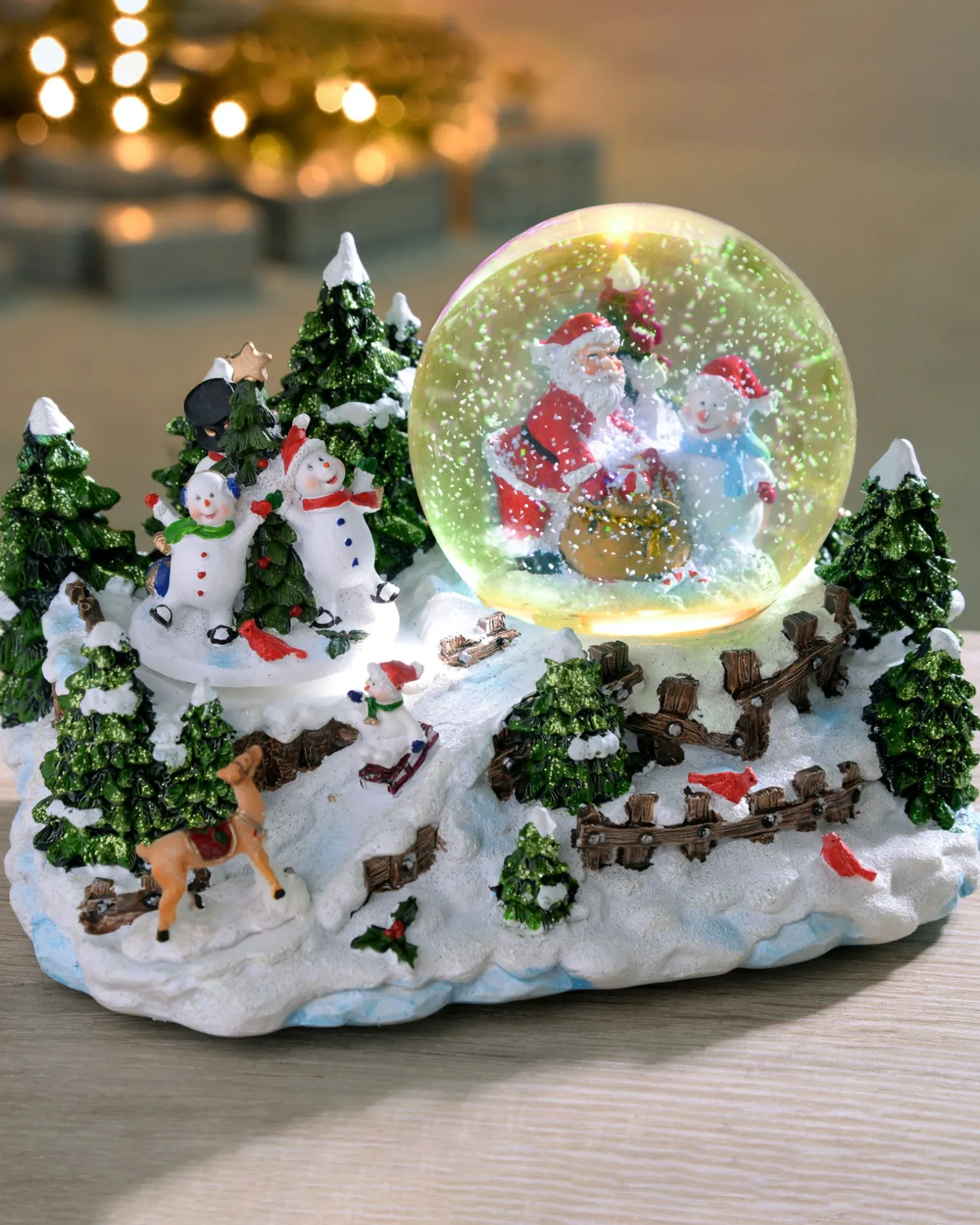 Pre-Lit Santa & Snowman Snow Globe, 20 Cm