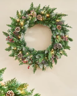 Pre-Lit Snow Flocked Mixed Tip Wreath, 60 Cm