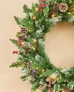 Pre-Lit Snow Flocked Mixed Tip Wreath, 60 Cm