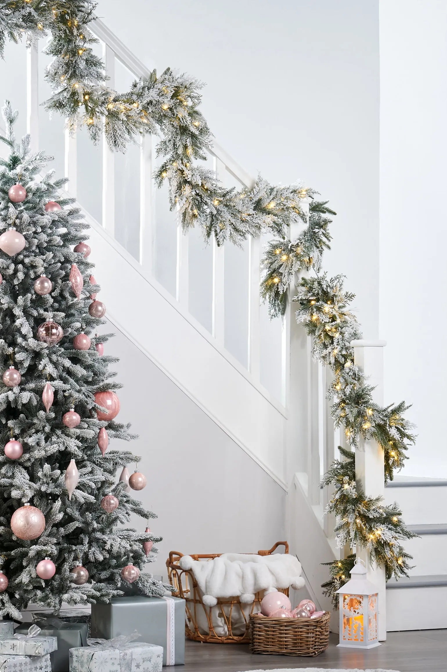 Pre-Lit Snow Flocked Natural Fir Garland, 18 Ft