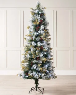Pre-Lit Snow Flocked Pinecones & Berries Fibre Optic Christmas Tree, 6 Ft