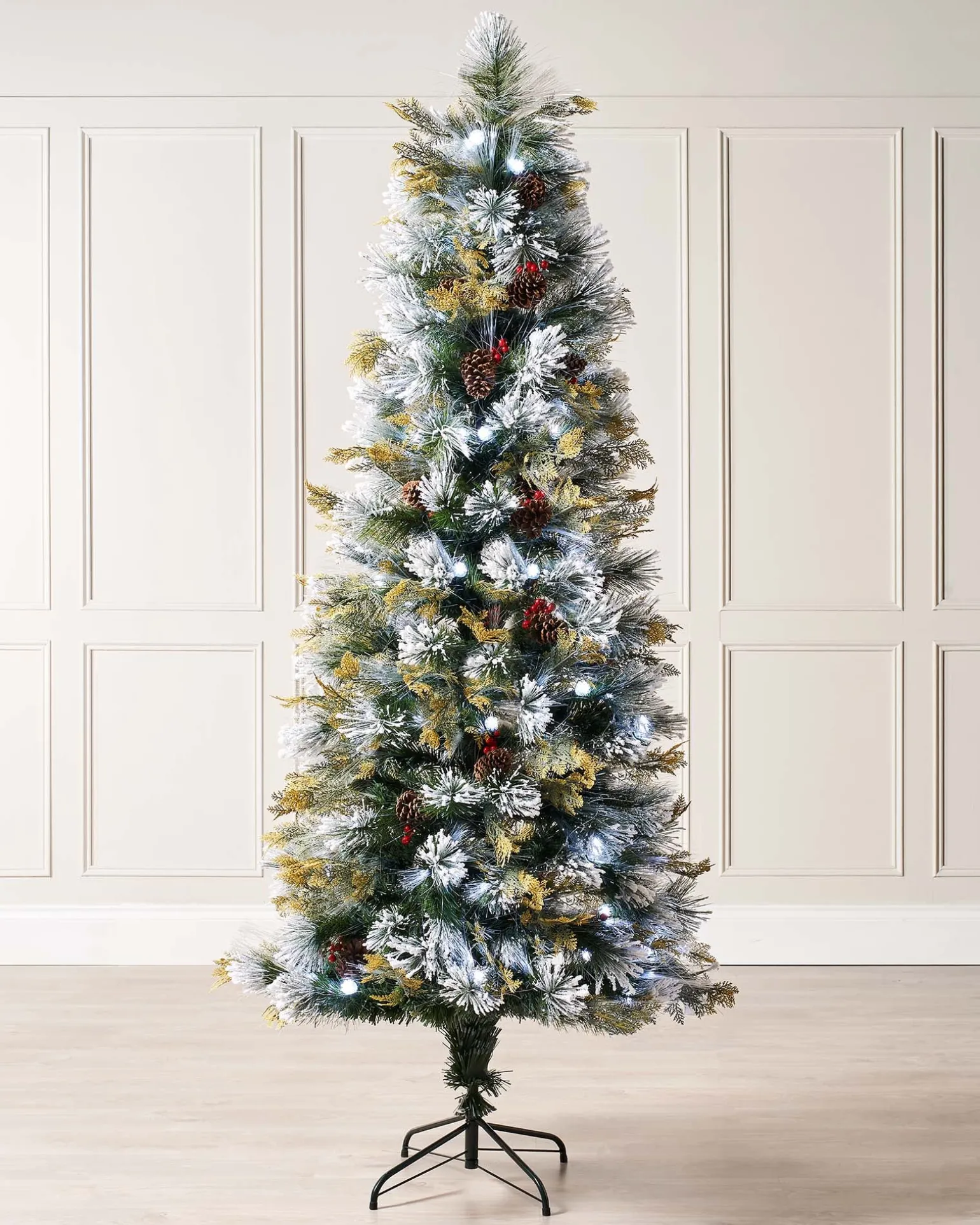 Pre-Lit Snow Flocked Pinecones & Berries Fibre Optic Christmas Tree, 6 Ft