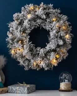 Pre-Lit Snow Flocked Spruce Wreath, 60 Cm