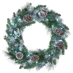 Pre-Lit Snow Flocked Wreath, Pinecones, 60 Cm