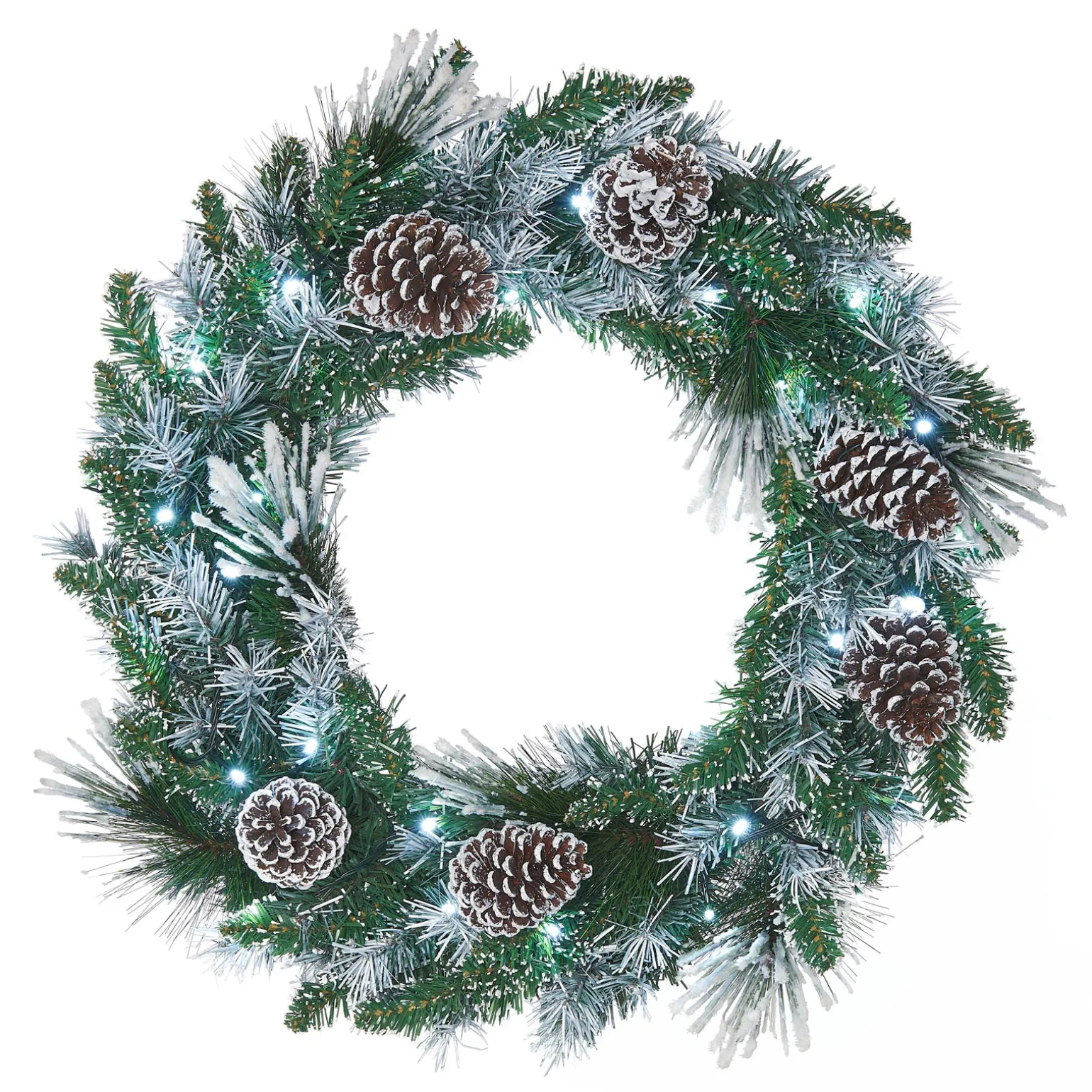 Pre-Lit Snow Flocked Wreath, Pinecones, 60 Cm