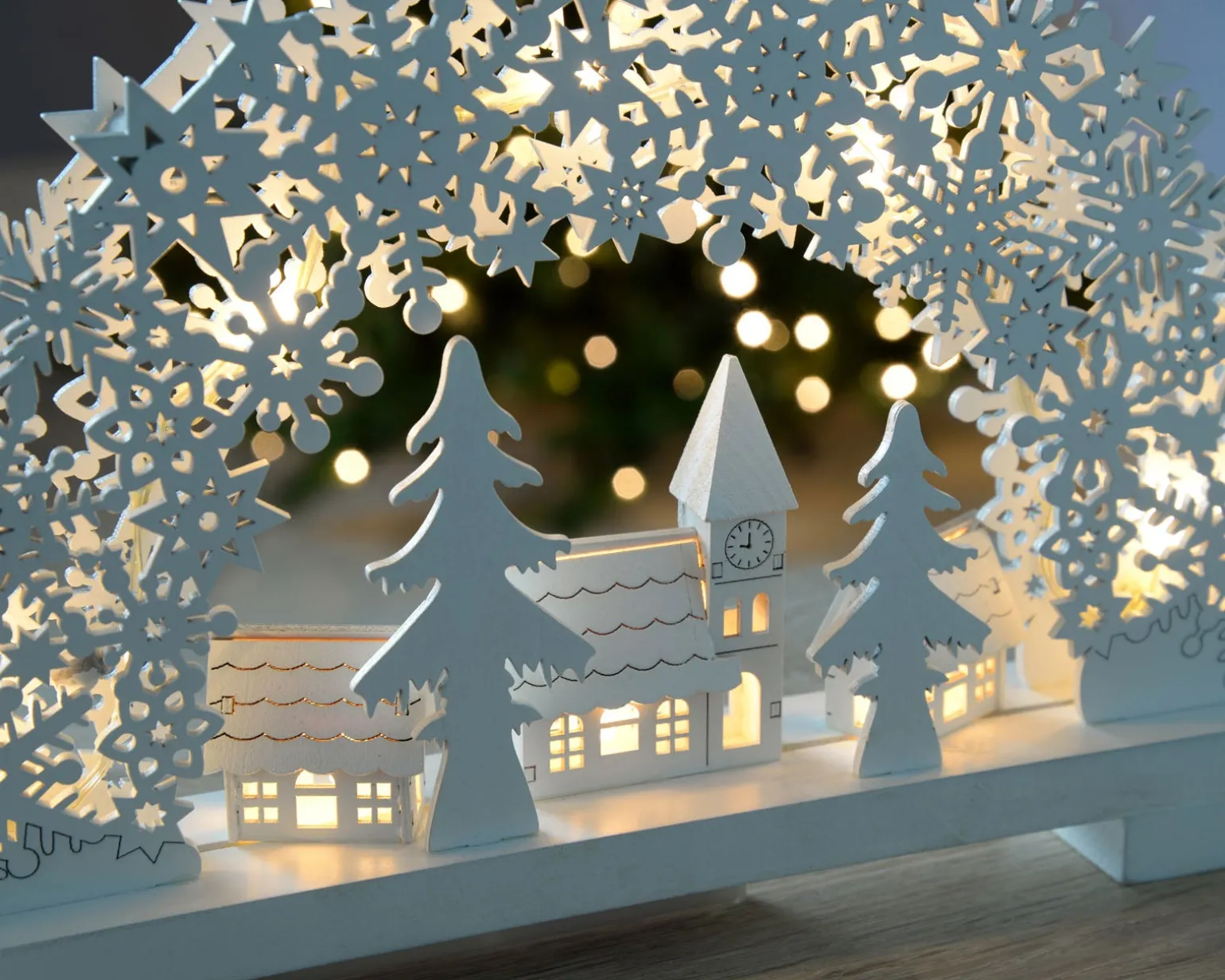 Pre-Lit Snowflake And Village Scene Arch, 32 Cm