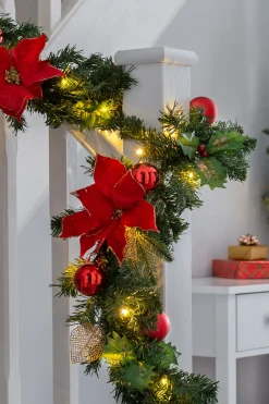 Pre-Lit Warm White Decorated Garland, Red/Gold, 9 Ft