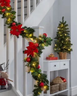 Pre-Lit Warm White Decorated Garland, Red/Gold, 9 Ft