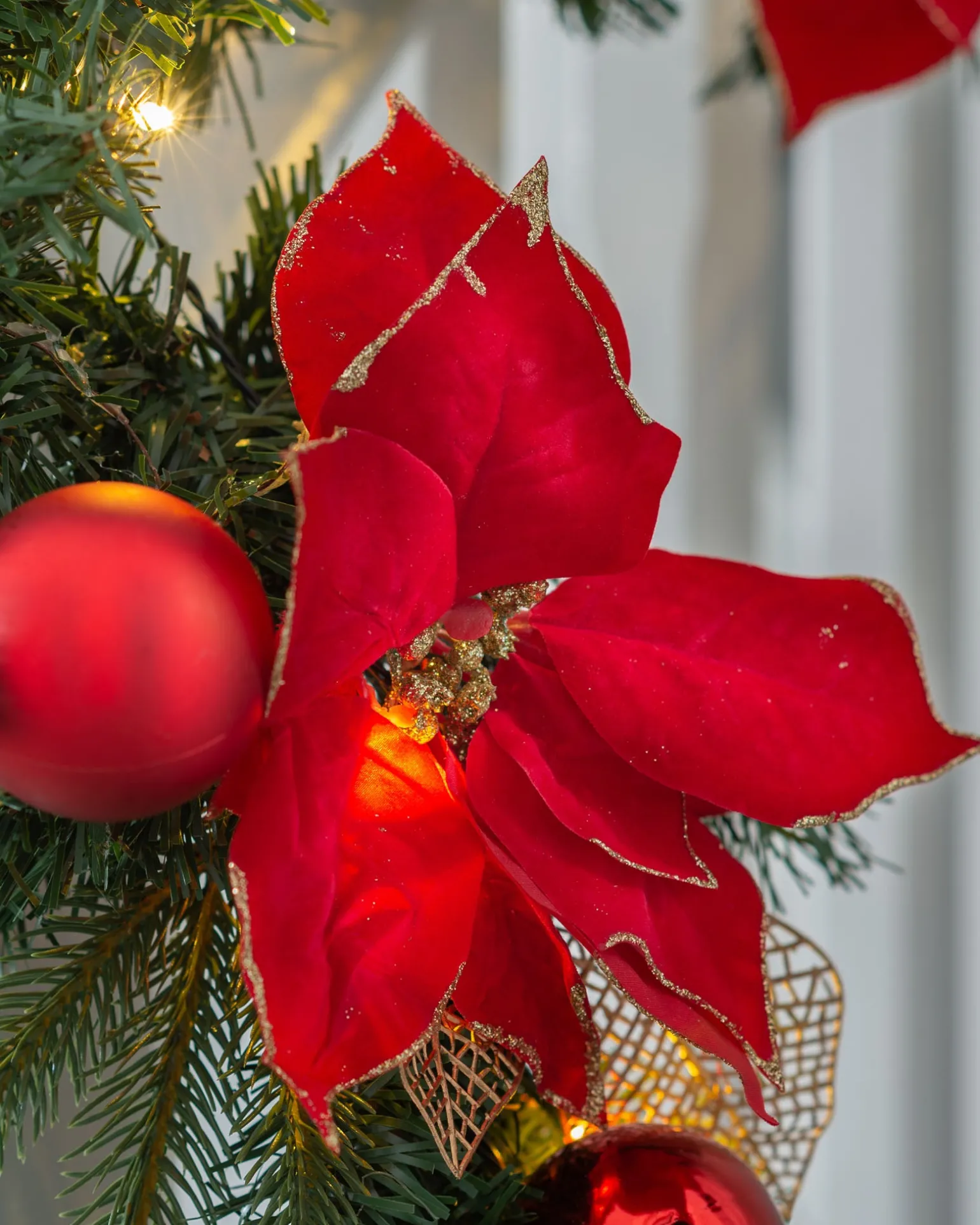 Pre-Lit Warm White Decorated Garland, Red/Gold, 9 Ft
