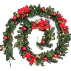 Pre-Lit Warm White Decorated Garland, Red/Gold, 9 Ft