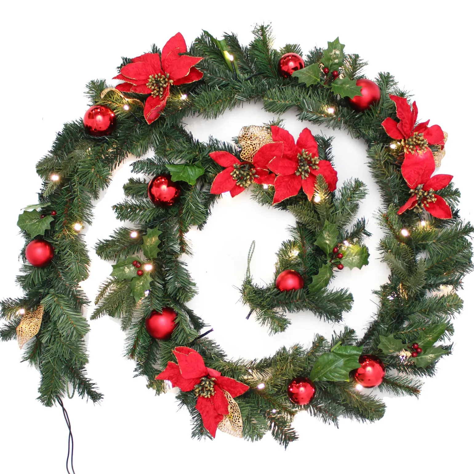 Pre-Lit Warm White Decorated Garland, Red/Gold, 9 Ft