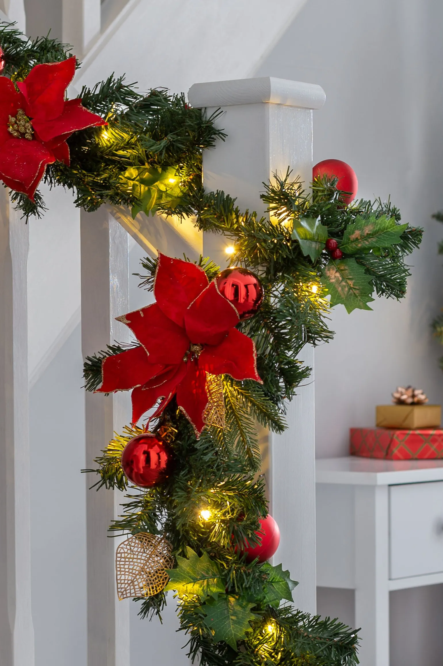Pre-Lit Warm White Decorated Garland, Red/Gold, 9 Ft