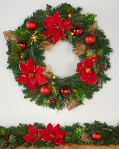Pre-Lit Warm White Decorated Wreath, Red/Gold, 60 Cm