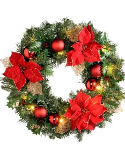 Pre-Lit Warm White Decorated Wreath, Red/Gold, 60 Cm