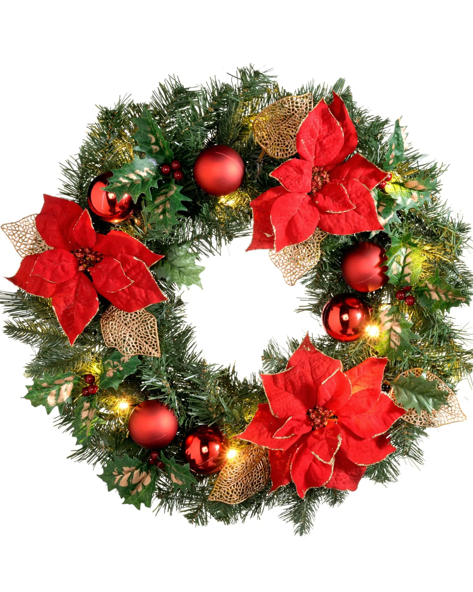 Pre-Lit Warm White Decorated Wreath, Red/Gold, 60 Cm
