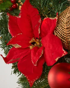 Pre-Lit Warm White Decorated Wreath, Red/Gold, 60 Cm