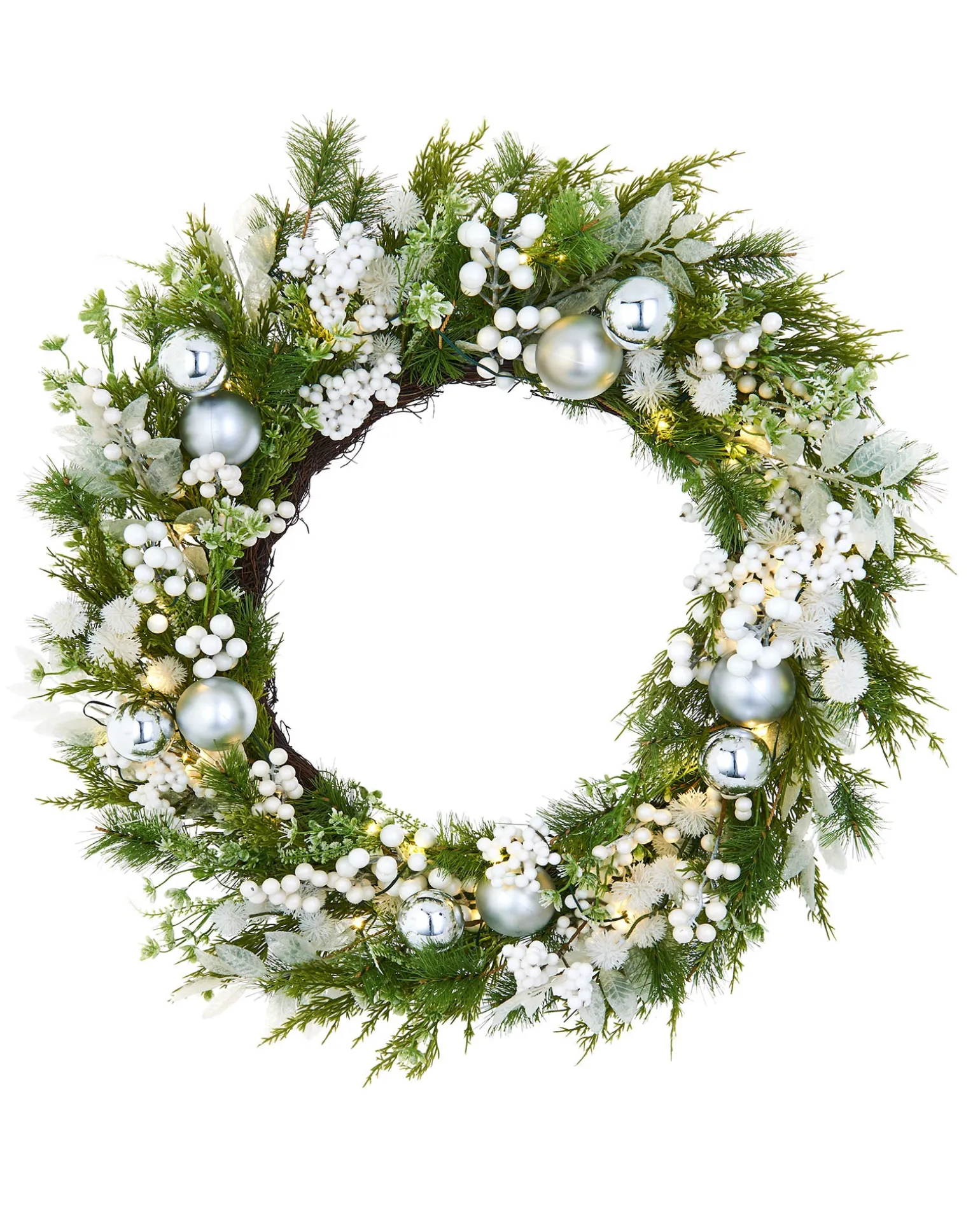 Pre-Lit White Berry Mixed Tip Wreath, 76 Cm