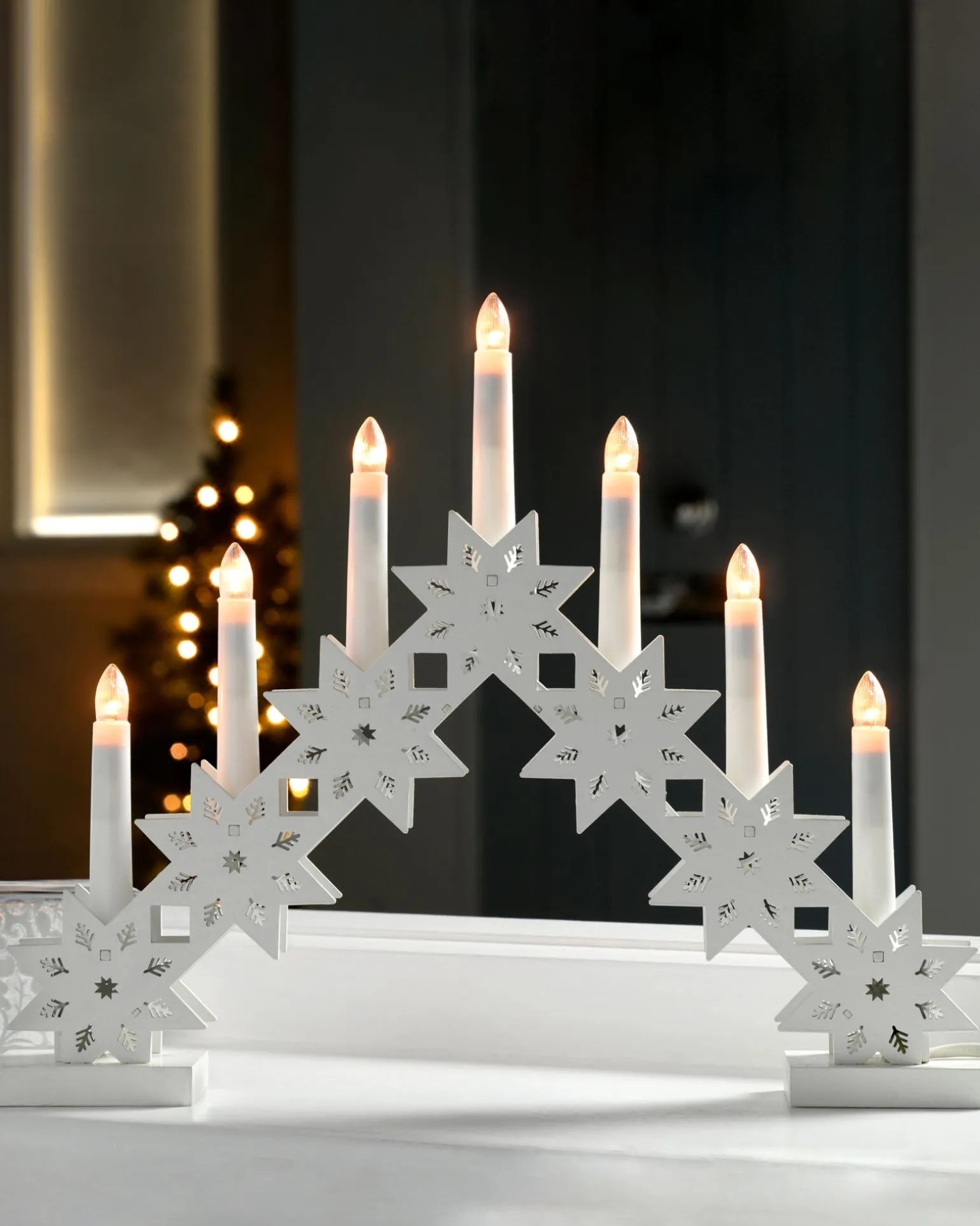 Pre-Lit Wooden Candle Bridge, White